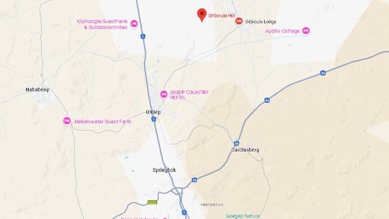 Map showing directions to the Orbicule National Monument near Concordia, South Africa