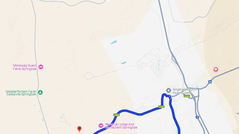 Map showing the location of the Council Tree, 27 km south of Springbok, east of the N7.